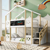 Bellemave® Twin Size House Bunk Bed with White Storage Staircase and Blackboards - Bellemave